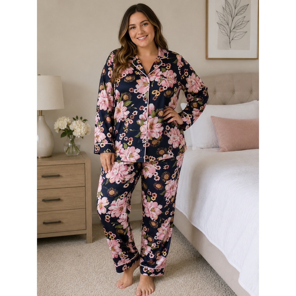 Room Service Pajama Set Floral Navy Pink Polyester Spandex Loungewear XL